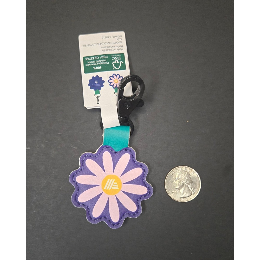 Aldi Quarter Holder Keychain Purple Pink Daisy Floral Faux Leather Cart Coin Key